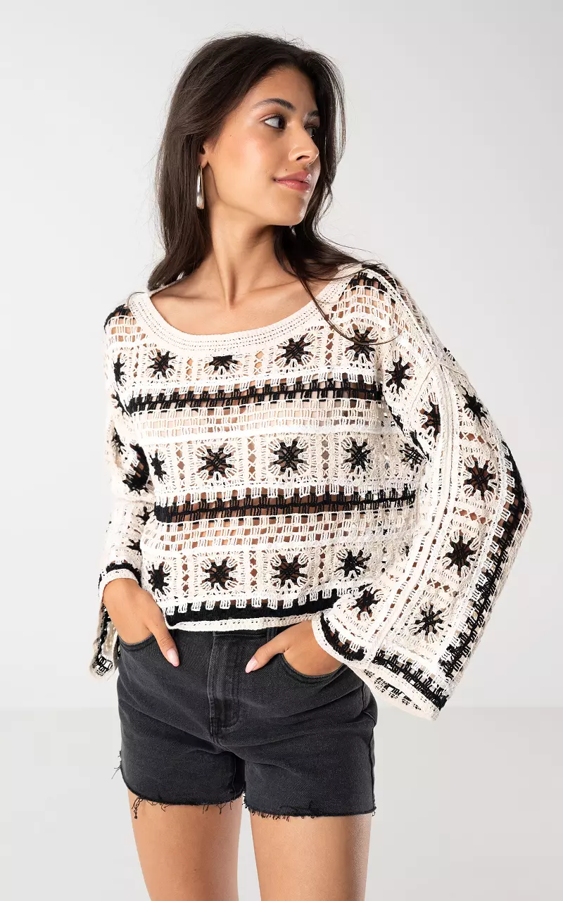 Crochet crop top with round neck - Beige Black