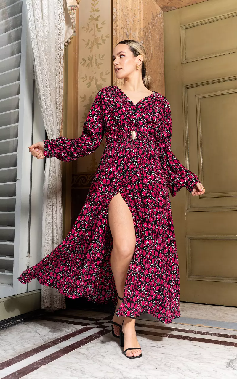 Maxi jurk met ceintuur Zwart Roze