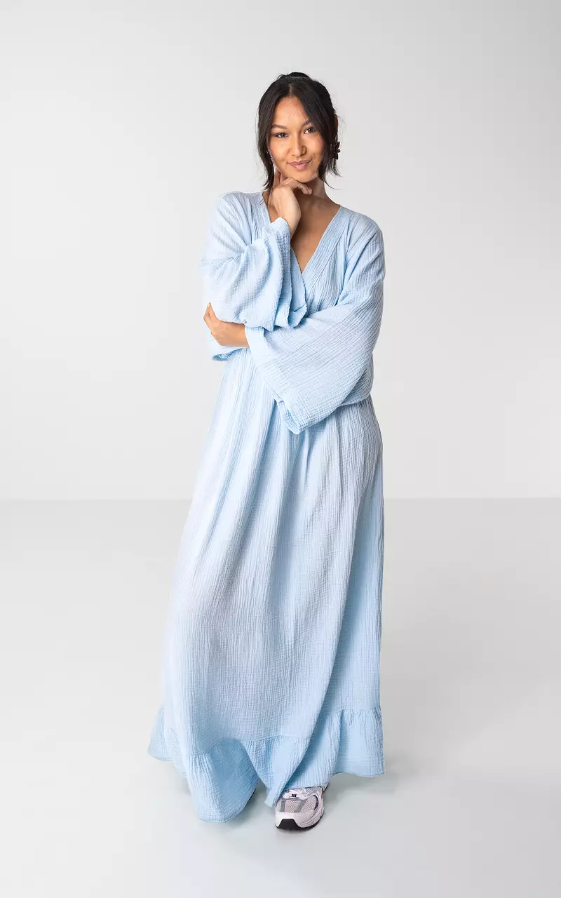 Cotton maxi dress with v-neck Light Blue