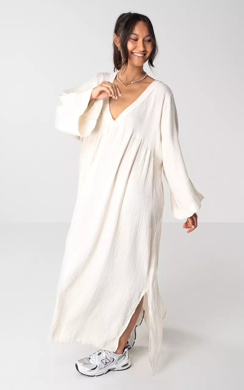 Cotton maxi dress with v-neck Cream