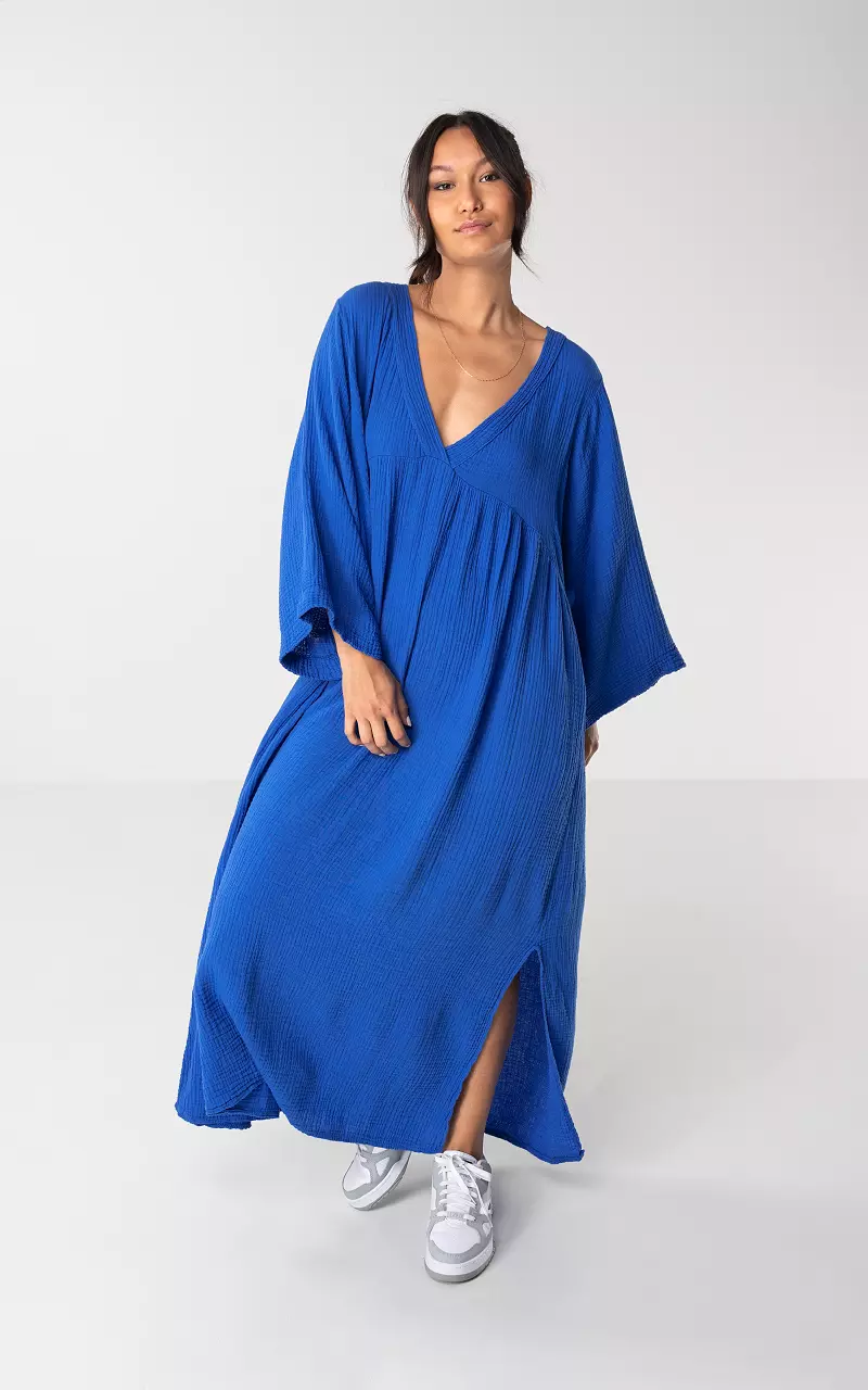 Katoenen maxi jurk met v-hals Kobalt Blauw