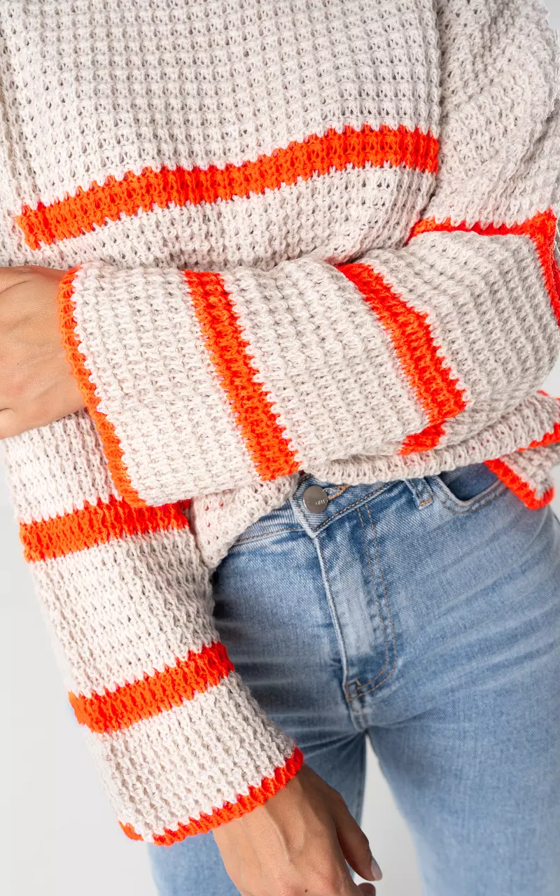 Knitted sweater with round neck Beige Orange