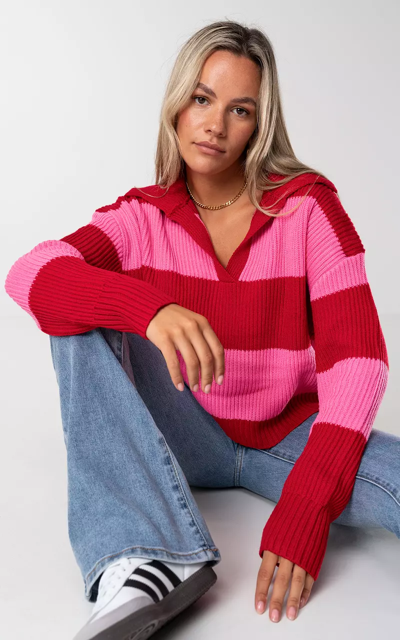 Pullover mit Kragen und Streifen Rot Hellrosa