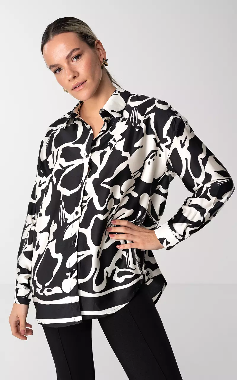 Oversized satin blouse with buttons Black White