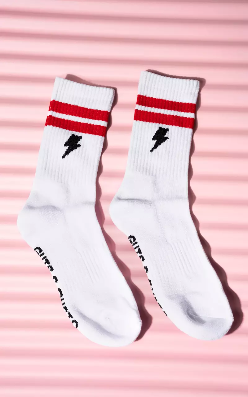Sports socks with bolt of lightning White Red