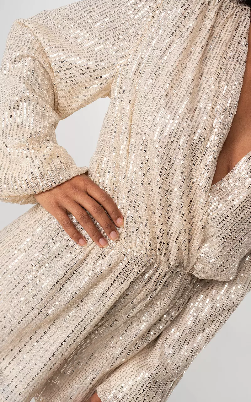 V-hals jumpsuit met pailletten Champagne
