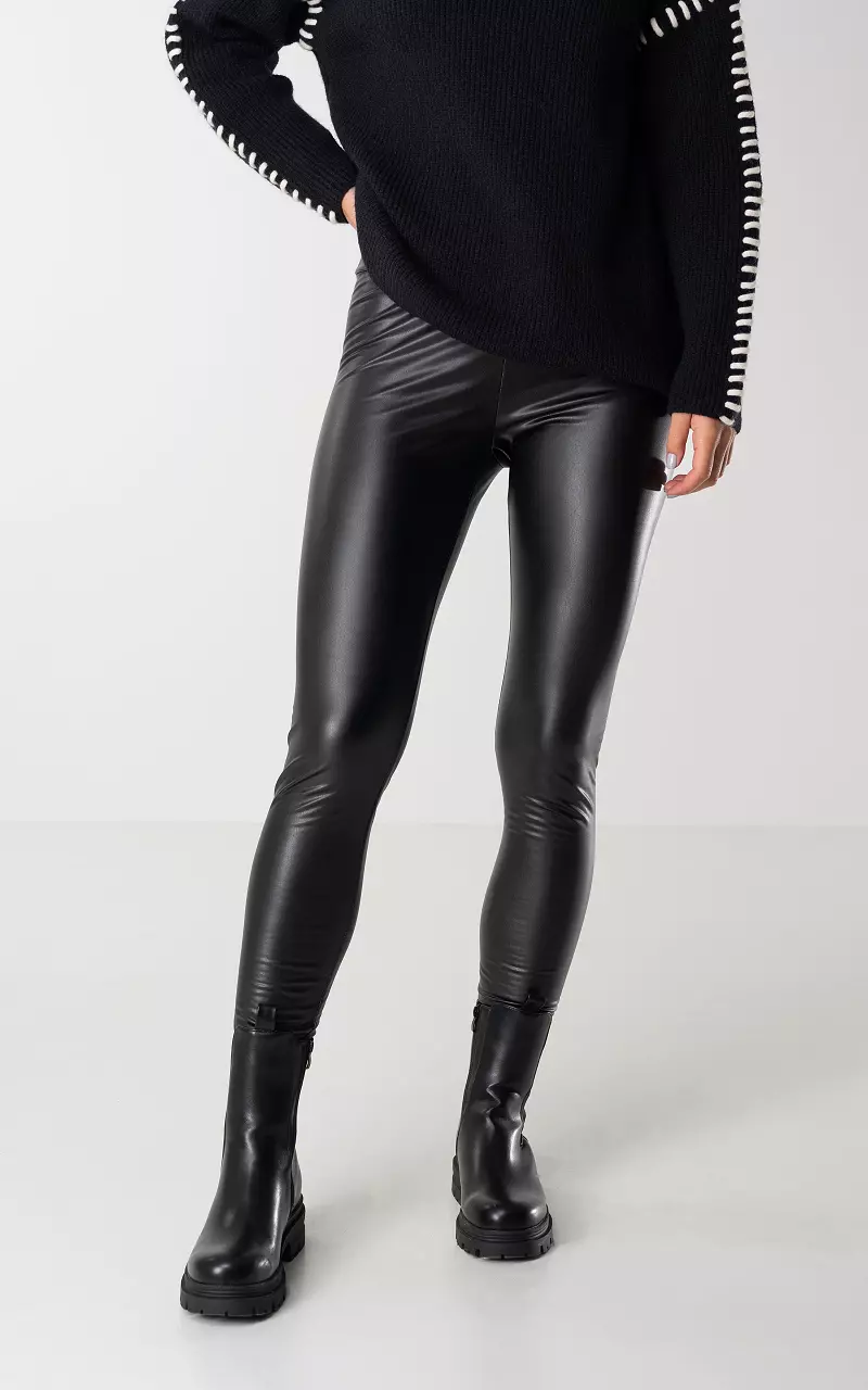 Leather look legging met fleece - Zwart