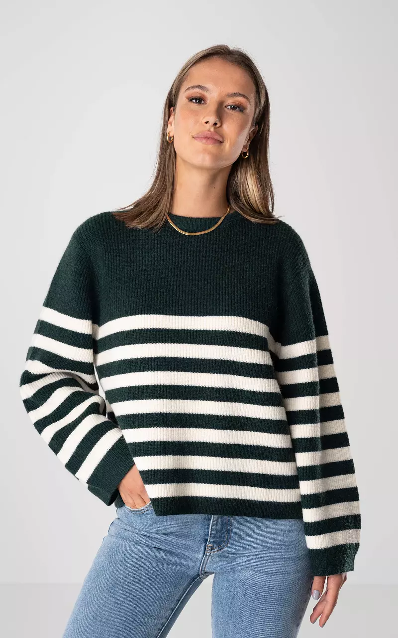 Sweater with round neck Dark Green White