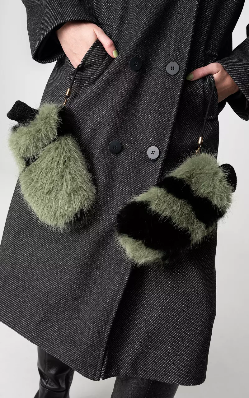 Faux fur mittens with cord Green Black