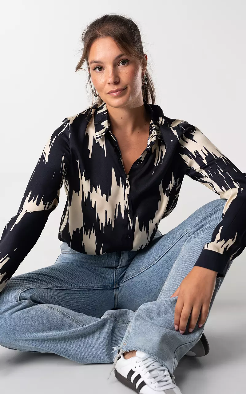 Satin look blouse with print Dark Blue Beige