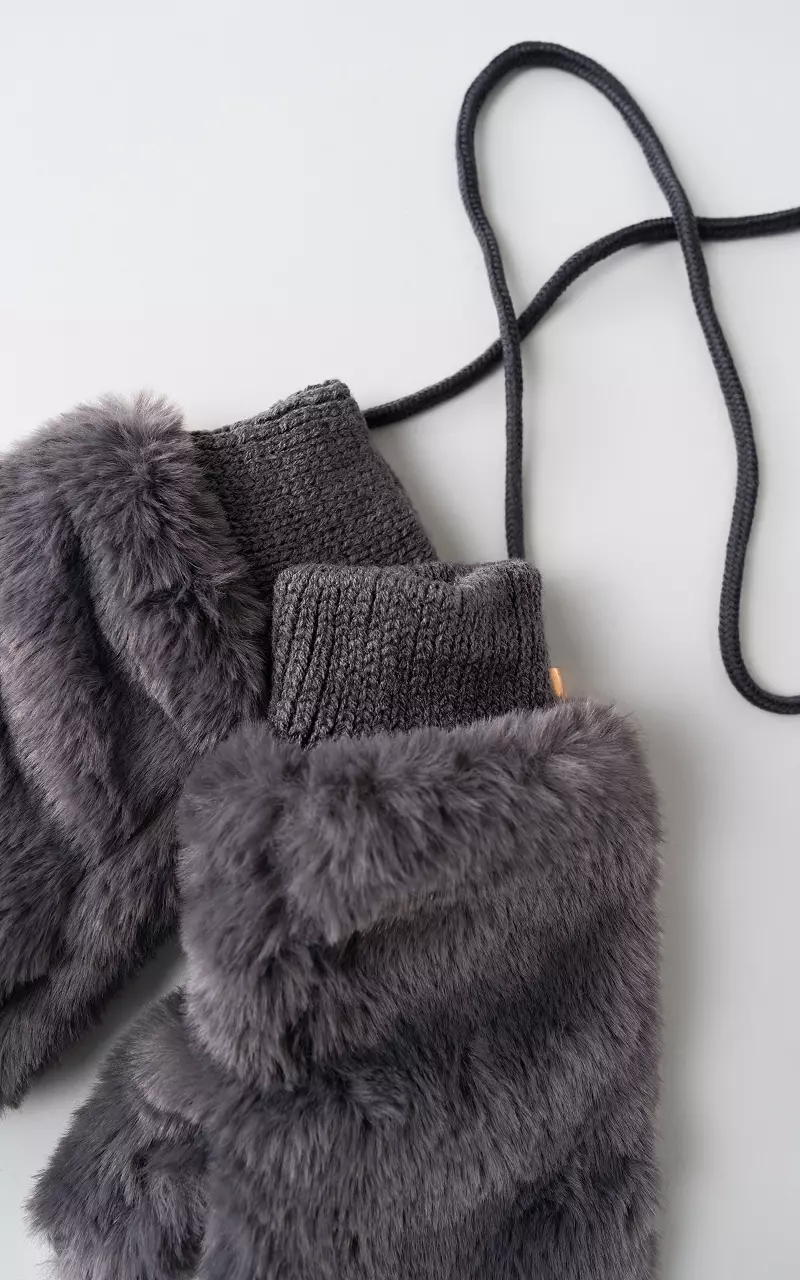 Faux fur mittens with cord Dark Grey