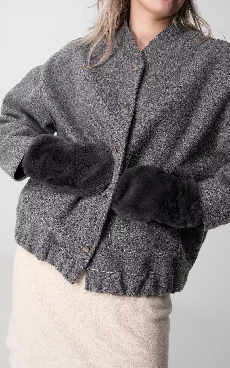 Faux fur mittens with cord Dark Grey