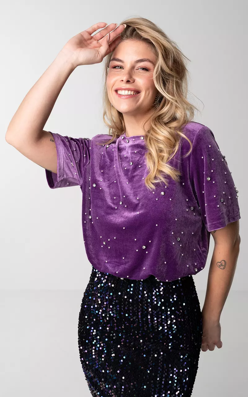 Velvet top with stones and pearls Purple