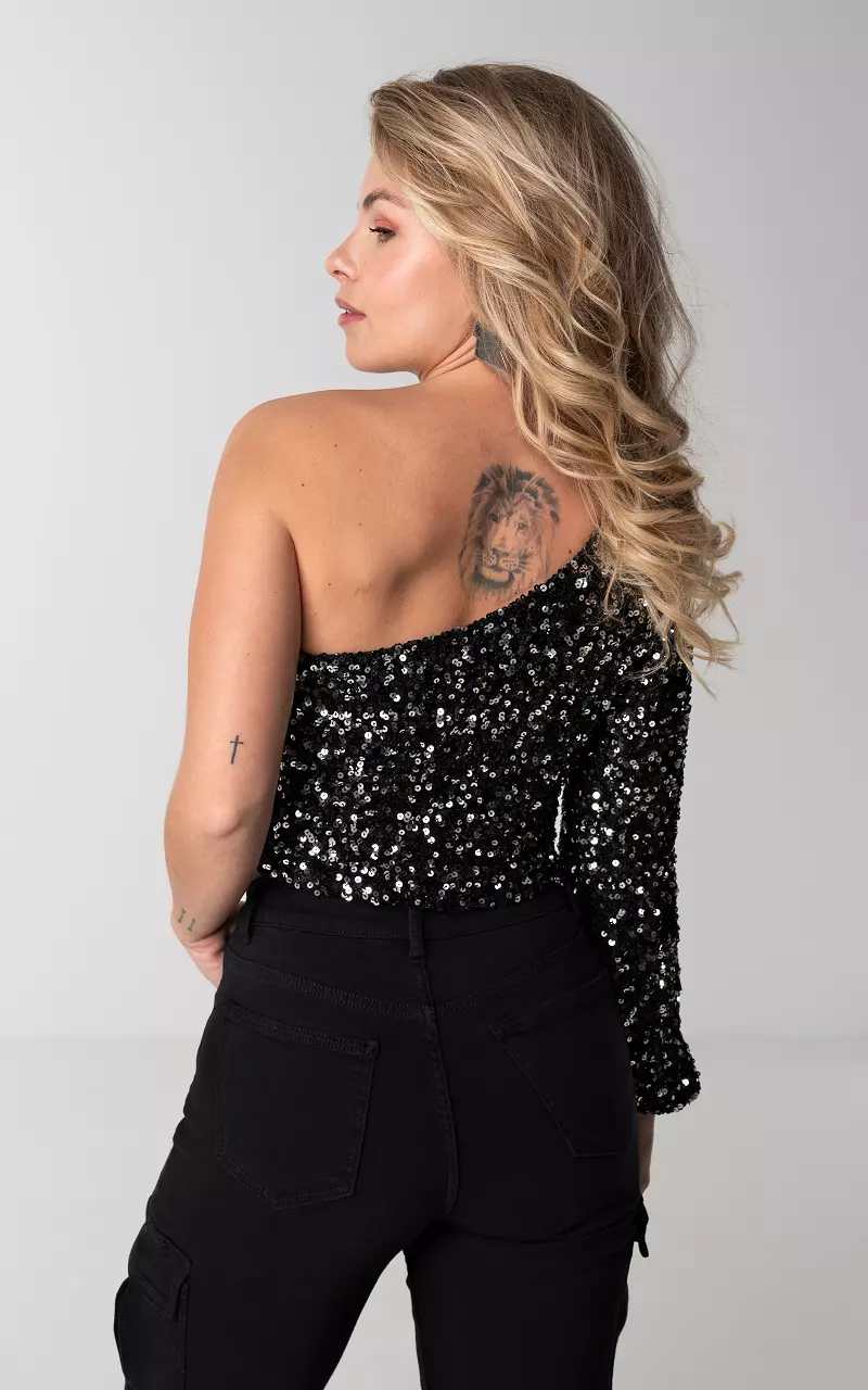 One shoulder top with sequins Black Silver Guts Gusto