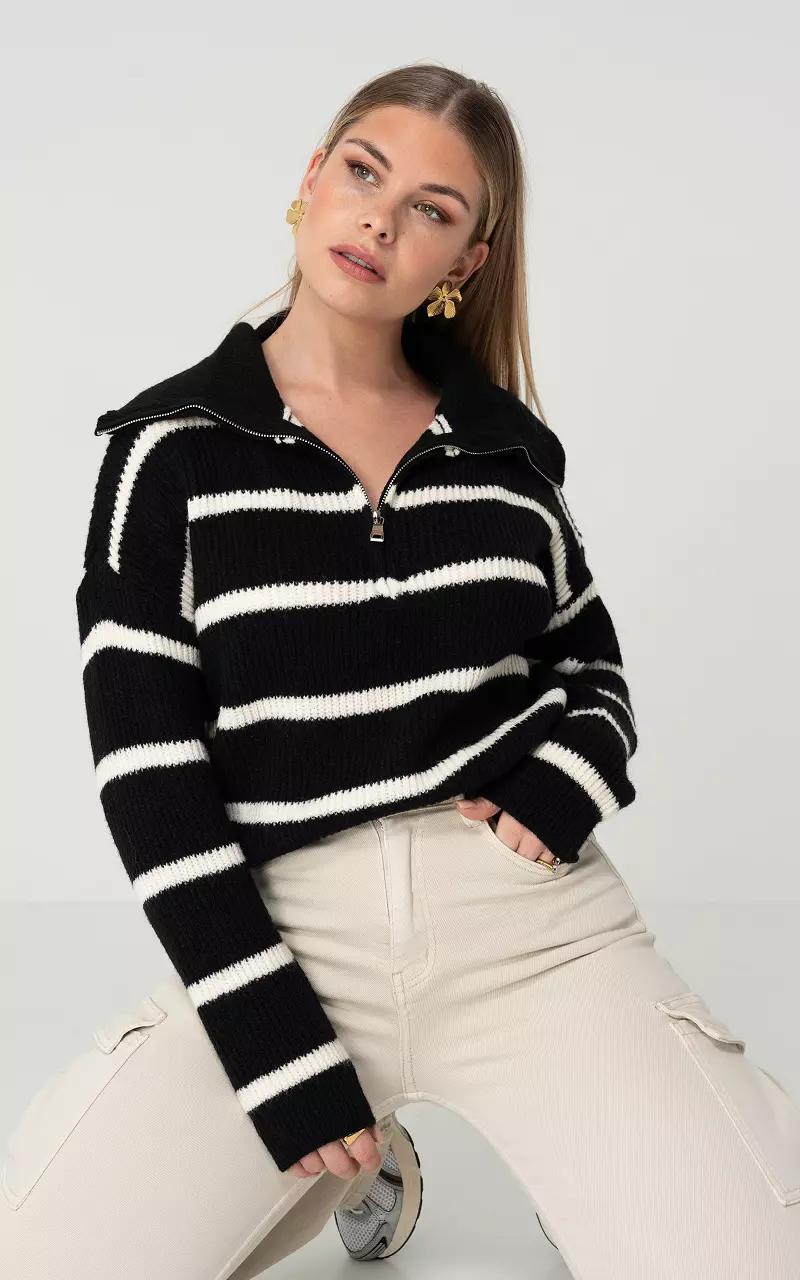 Gestreifter Pullover mit Reißverschluss Schwarz Weiß