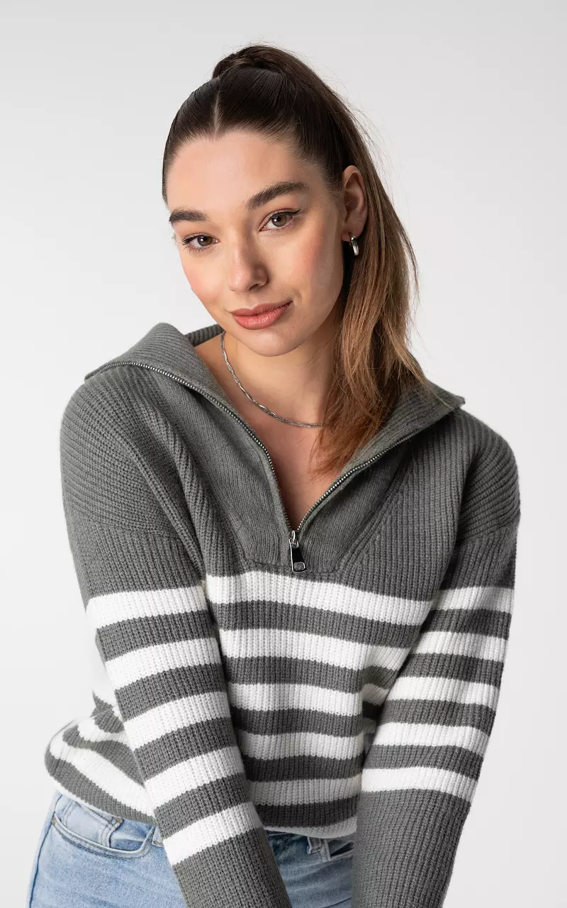 Zip sweater with stripes Light Green White