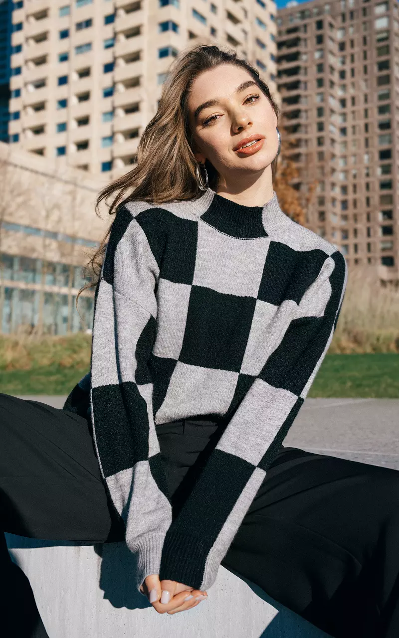 Turtle neck with checked pattern Grey Black