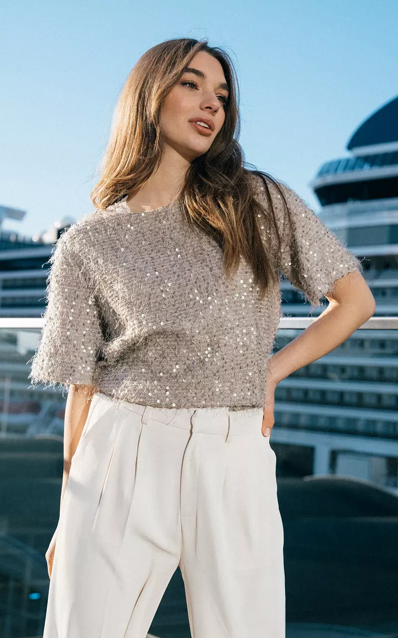 Shirt with round neck and sequins Beige