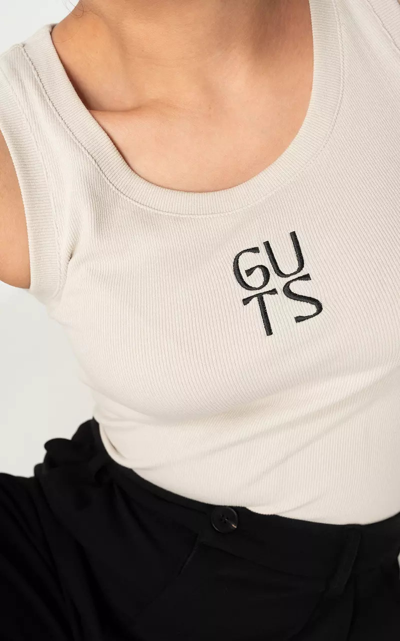 Ripp-Top mit Stickerei Beige