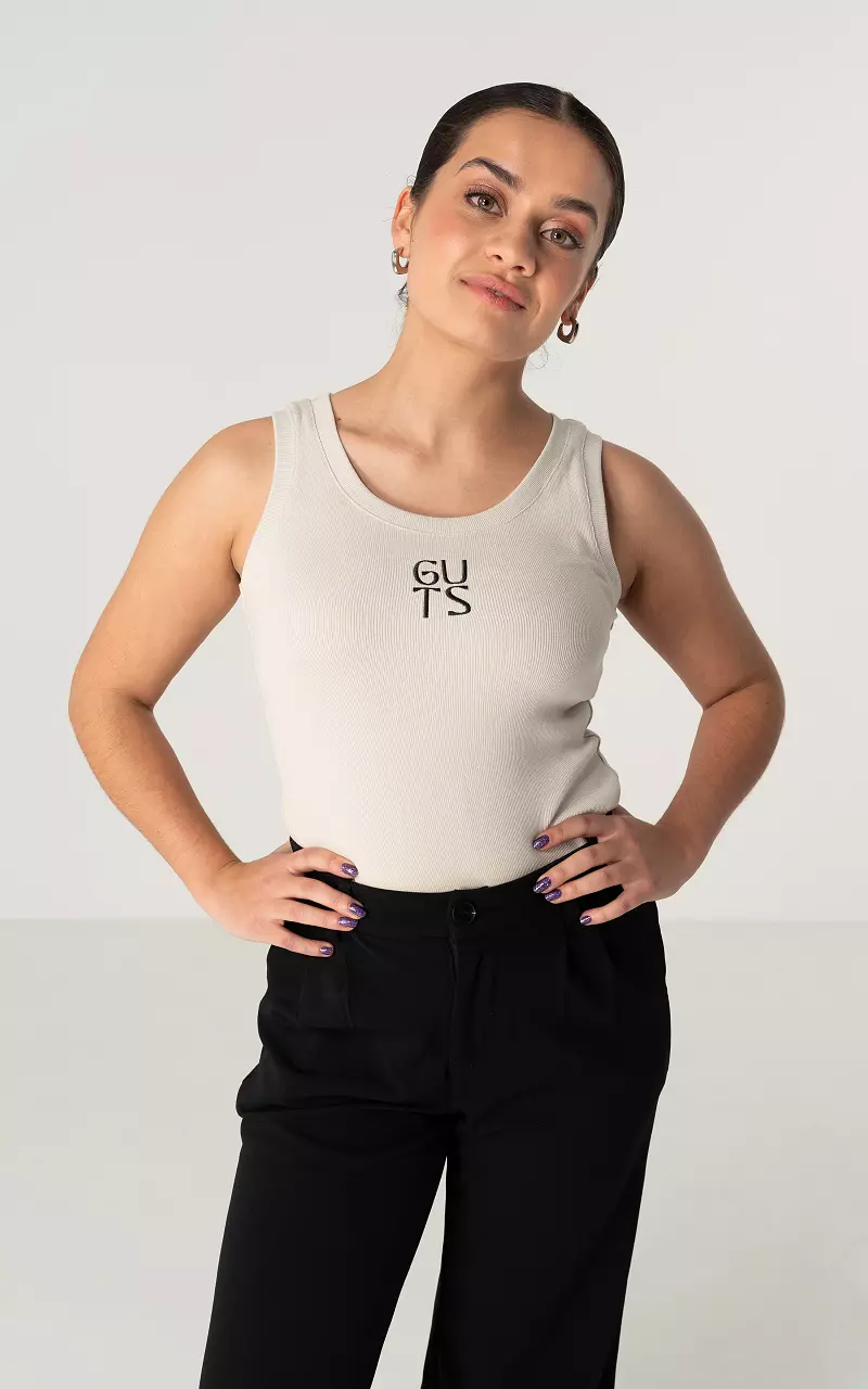 Ripp-Top mit Stickerei Beige