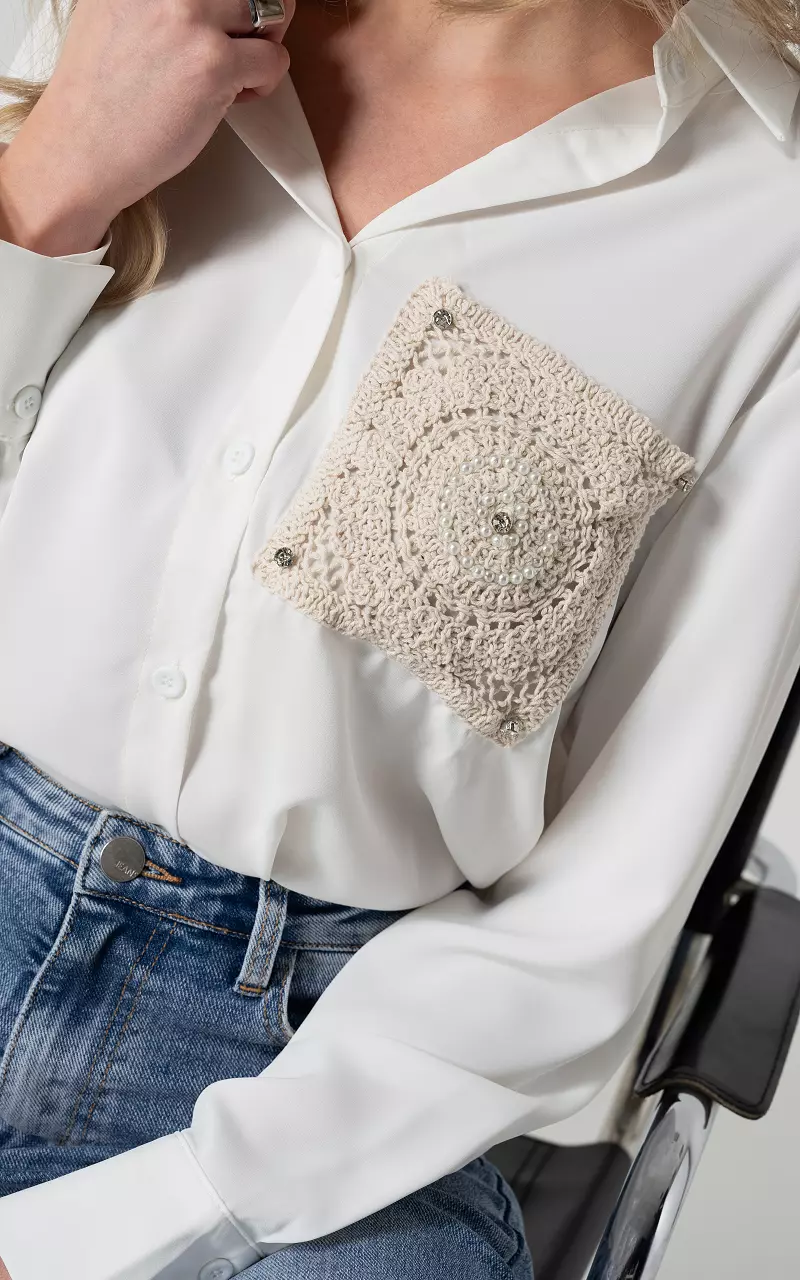Basic blouse with crocheted chest pocket White