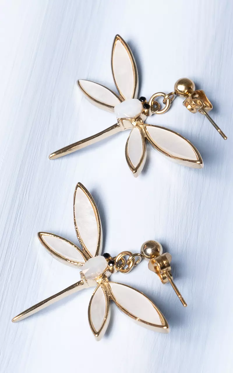 Earrings with dragonfly pendant Gold White
