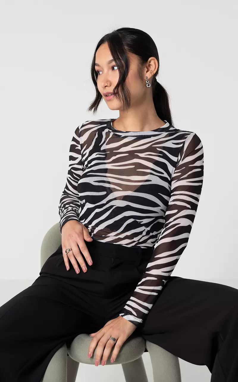 Mesh top met print Zwart Wit