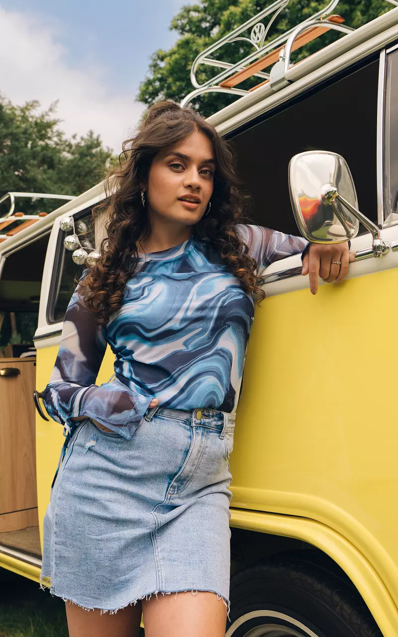 Tie dye mesh top with bow detail Blue White