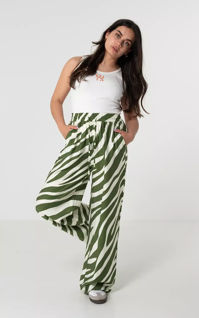 Wide Leg Hose mit Print Grün Creme