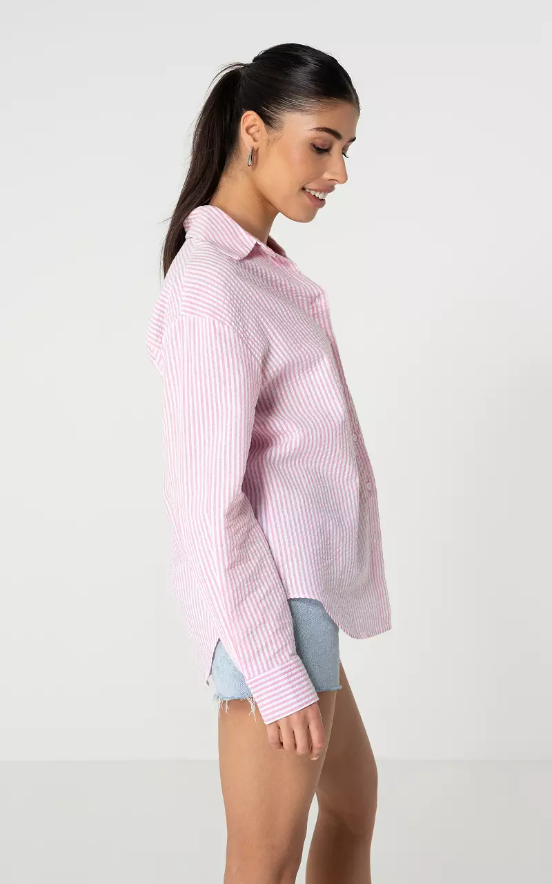Katoenen gestreepte blouse met borstzak Roze Wit