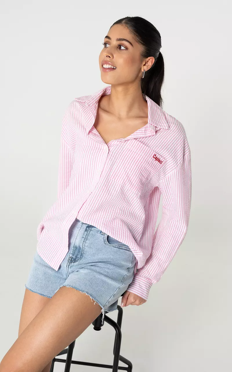 Katoenen gestreepte blouse met borstzak Roze Wit