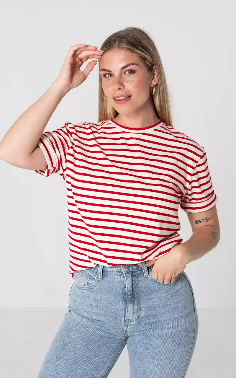 Basic T-Shirt mit Streifen Creme Rot