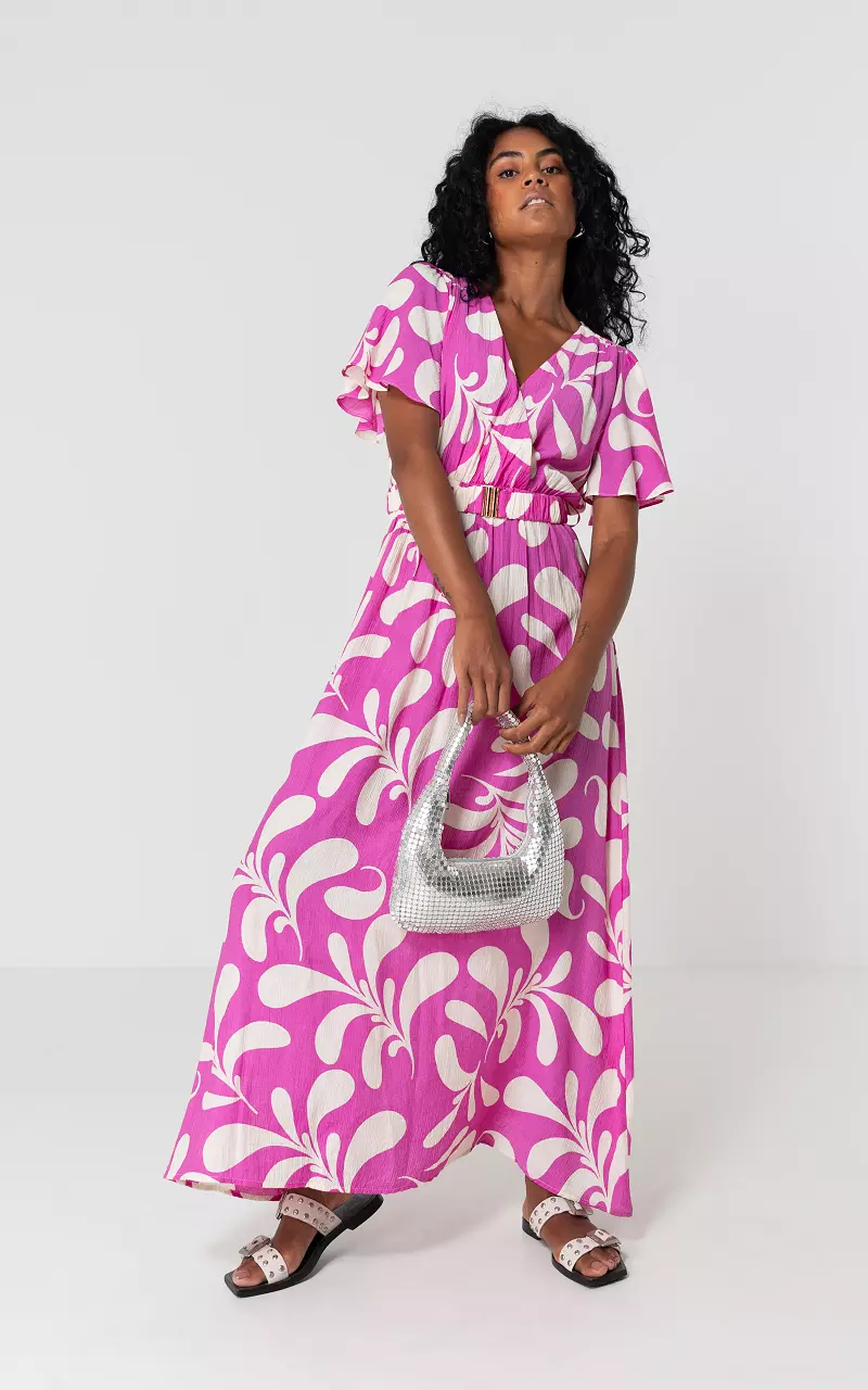 Maxi dress with wrapped v-neck Fuchsia Cream