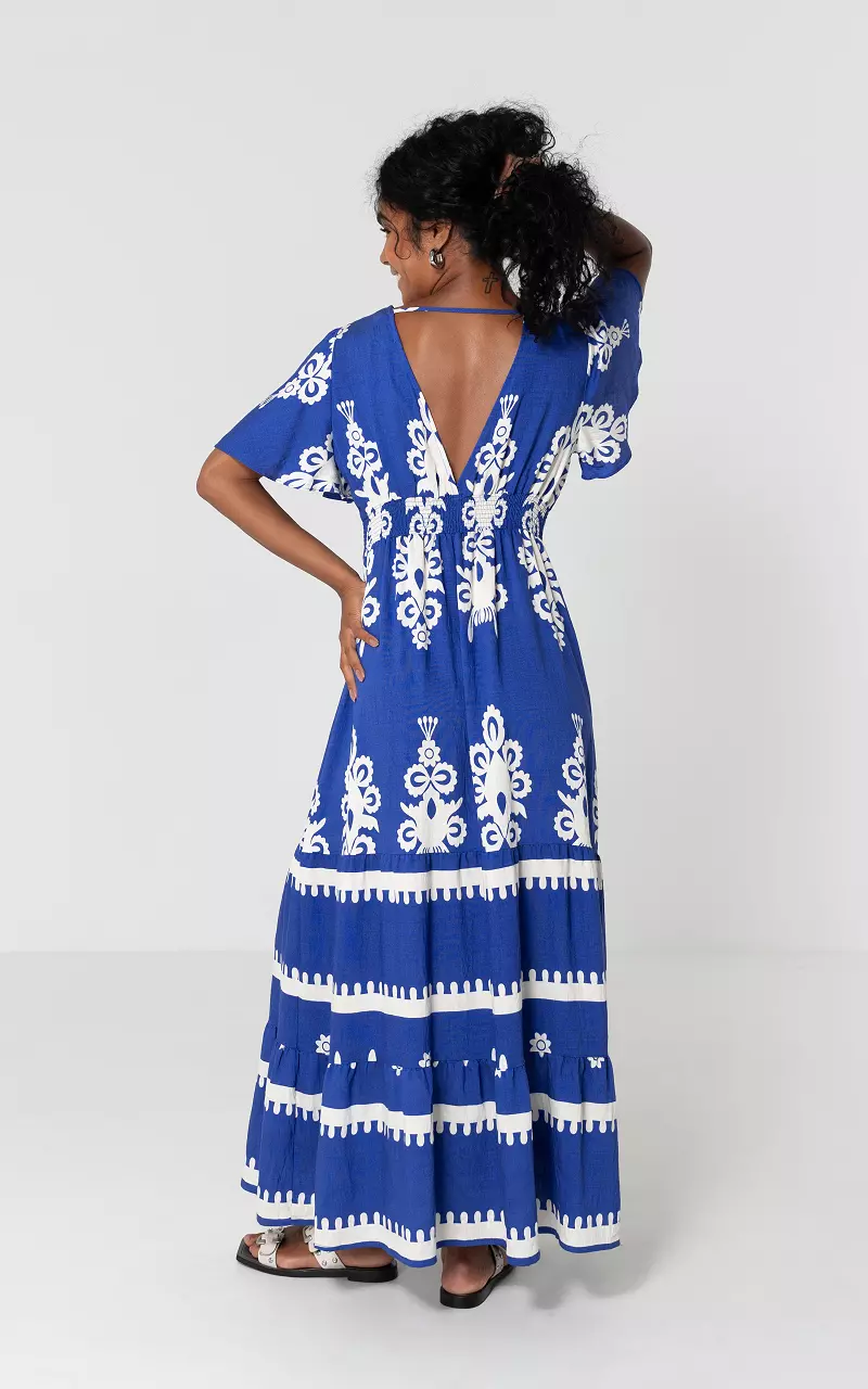 V-hals jurk met print Kobalt Blauw Wit
