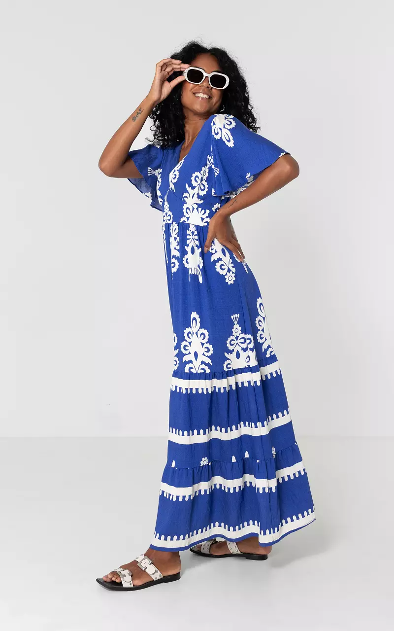 V-neck dress with print Cobalt Blue White