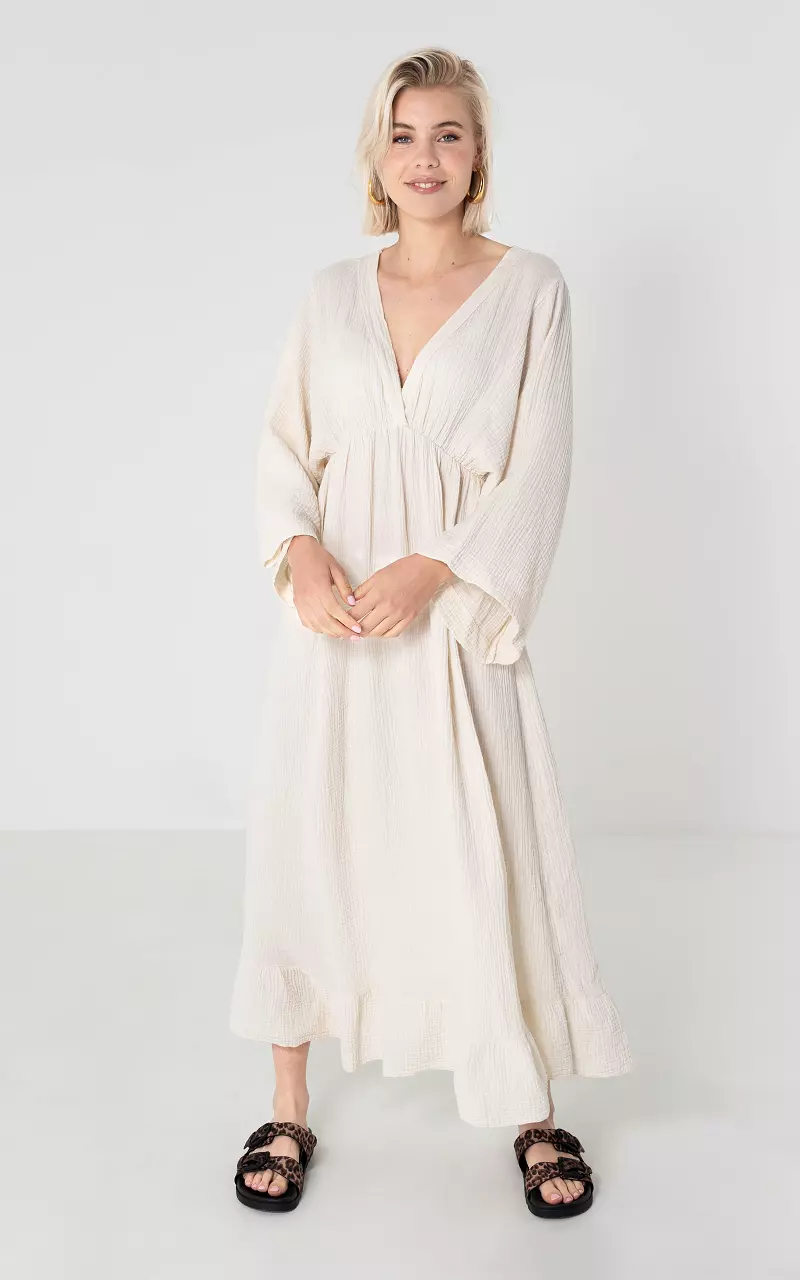 Cotton maxi dress with v-neck Cream