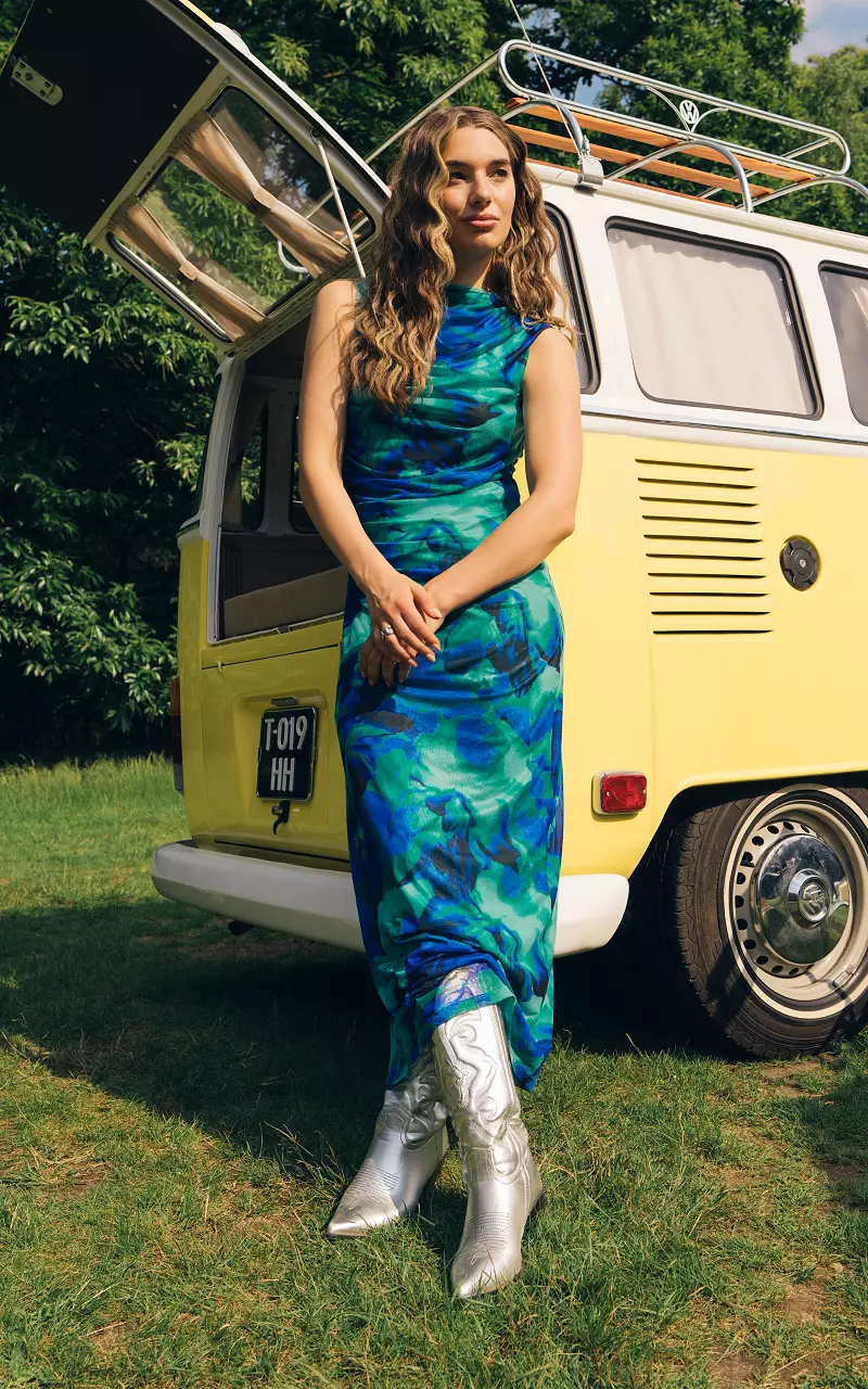 Maxi jurk van mesh stof Blauw Groen