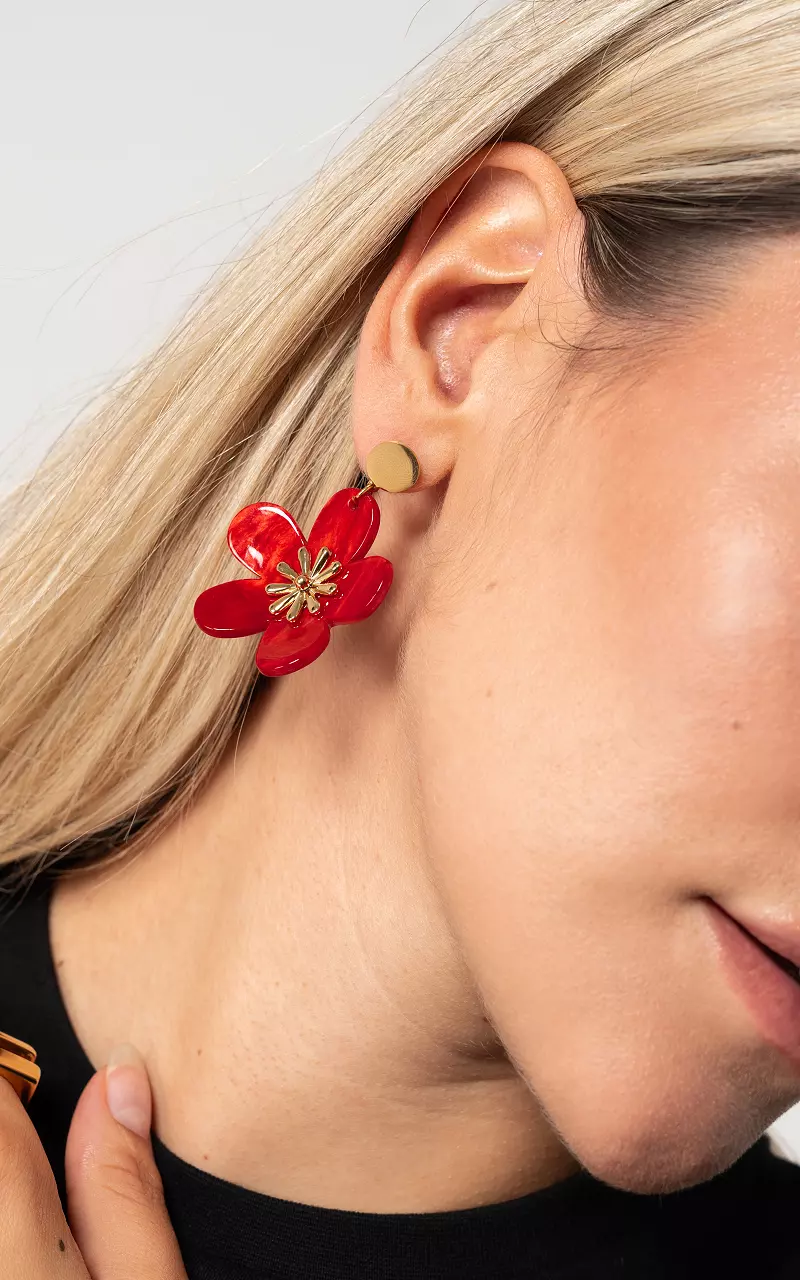 Earrings with plastic flower Red Gold