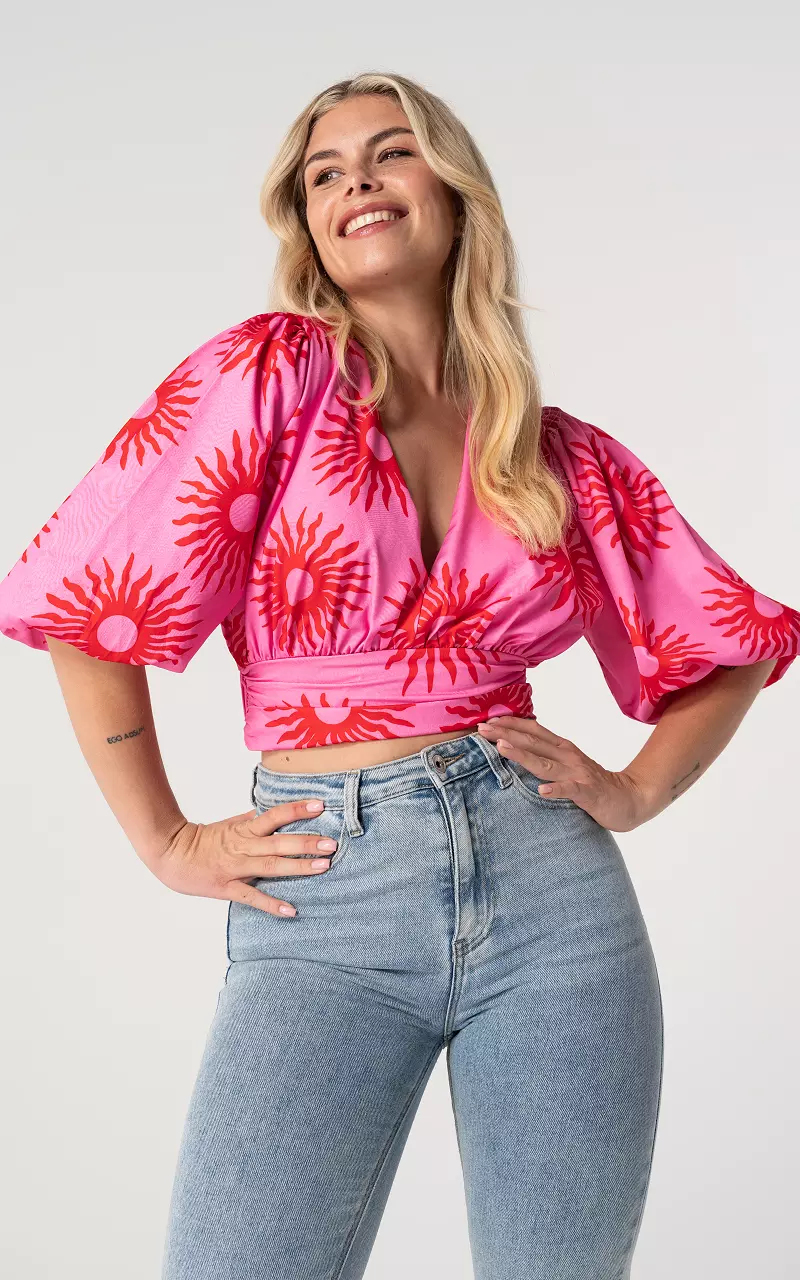 Cropped top met pofmouwen Roze Rood