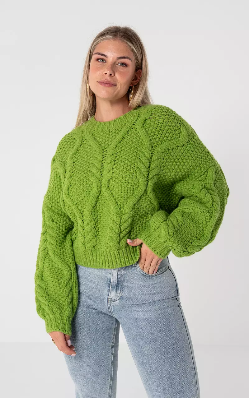 Zopfstrickpullover mit Rundhalsausschnitt Grün
