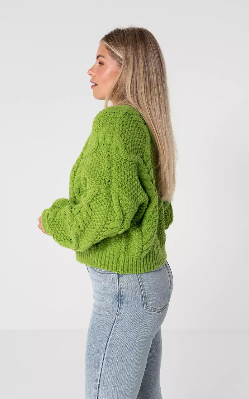 Zopfstrickpullover mit Rundhalsausschnitt Grün