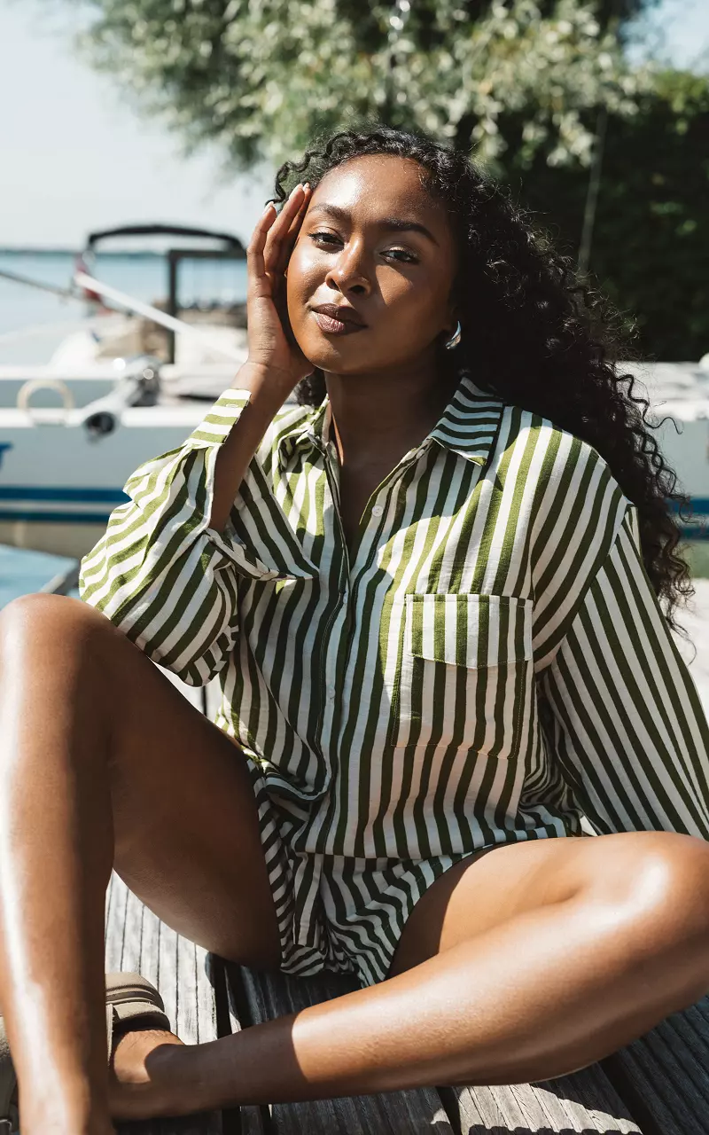 Oversized blouse with striped pattern Dark Green Cream