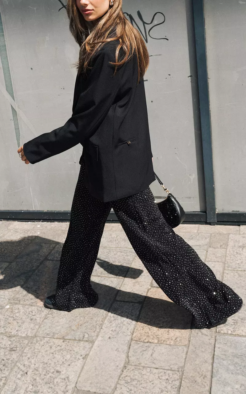 Wide leg trousers with silver-coloured studs Black Silver