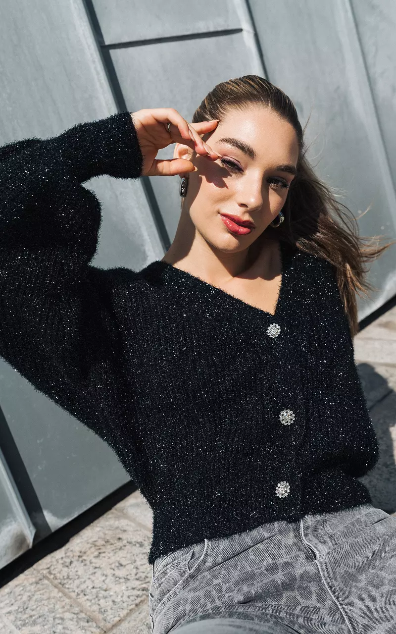 Glitzer Cardigan mit V-Ausschnitt Schwarz