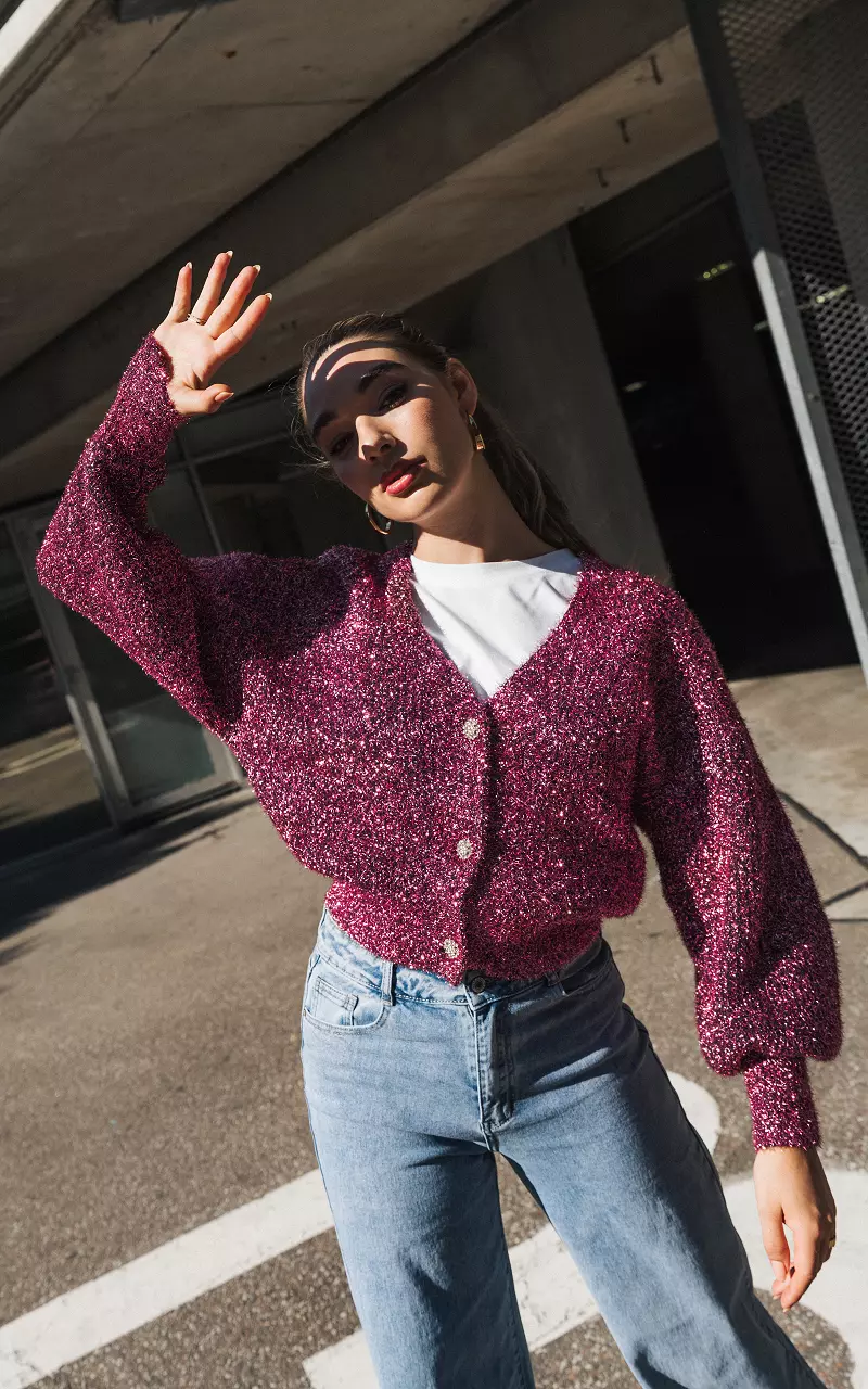 Glitter cardigan with v-neck Pink