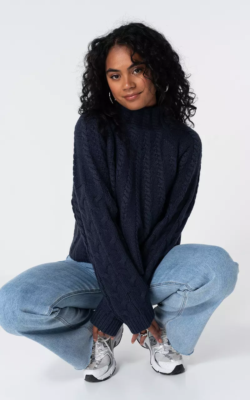 Cable sweater with high neck Dark Blue