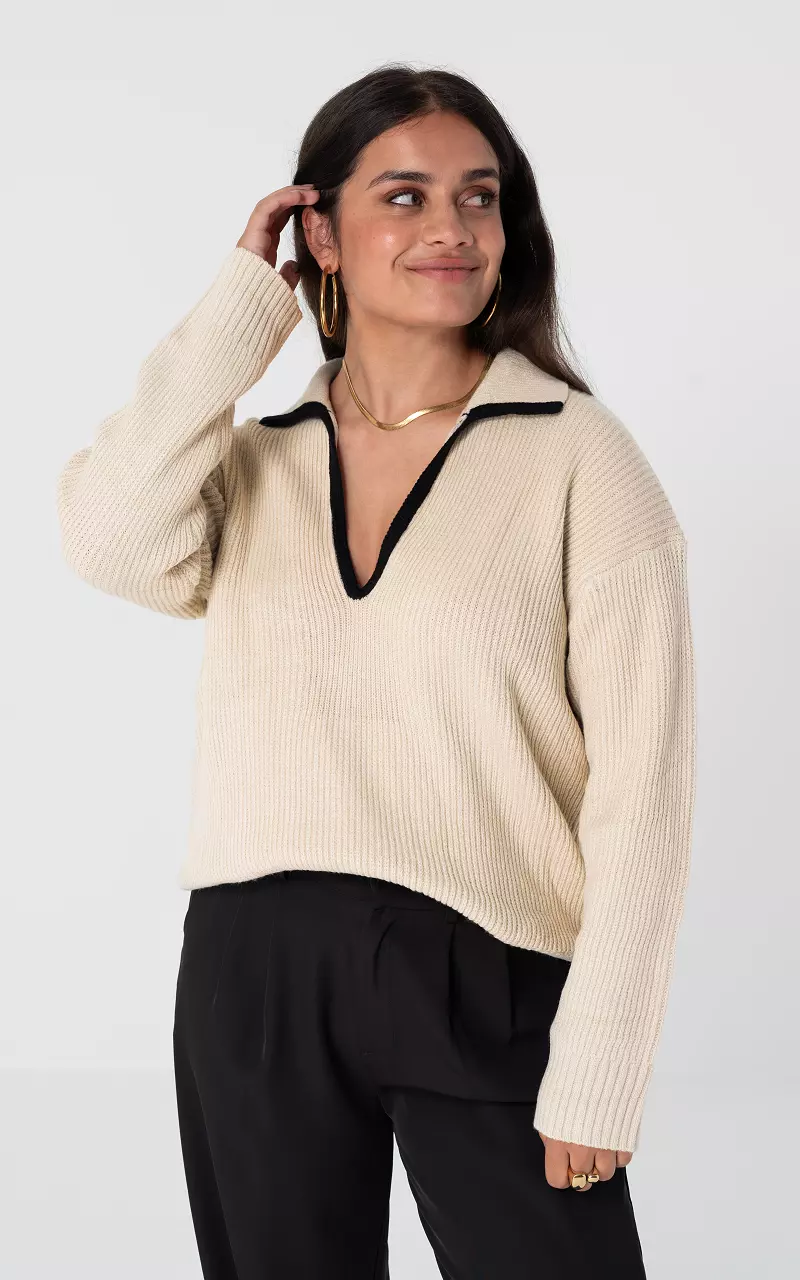 Trui met v-hals en kraag Beige Zwart