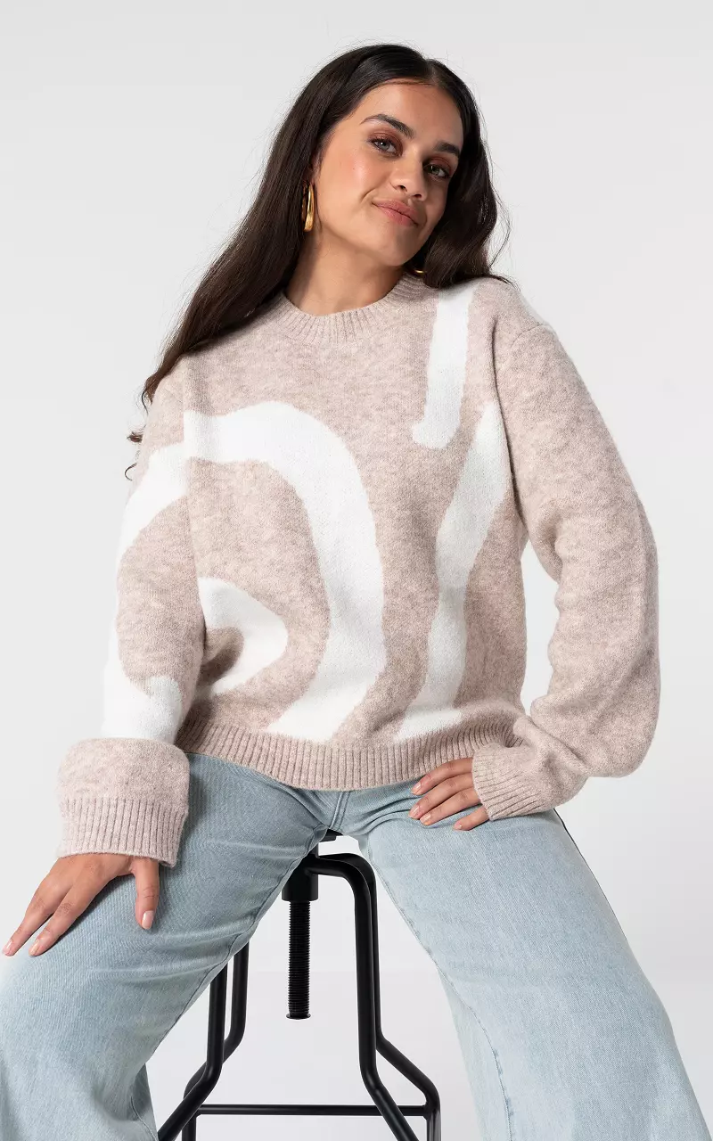 Sweater with round neck Beige White