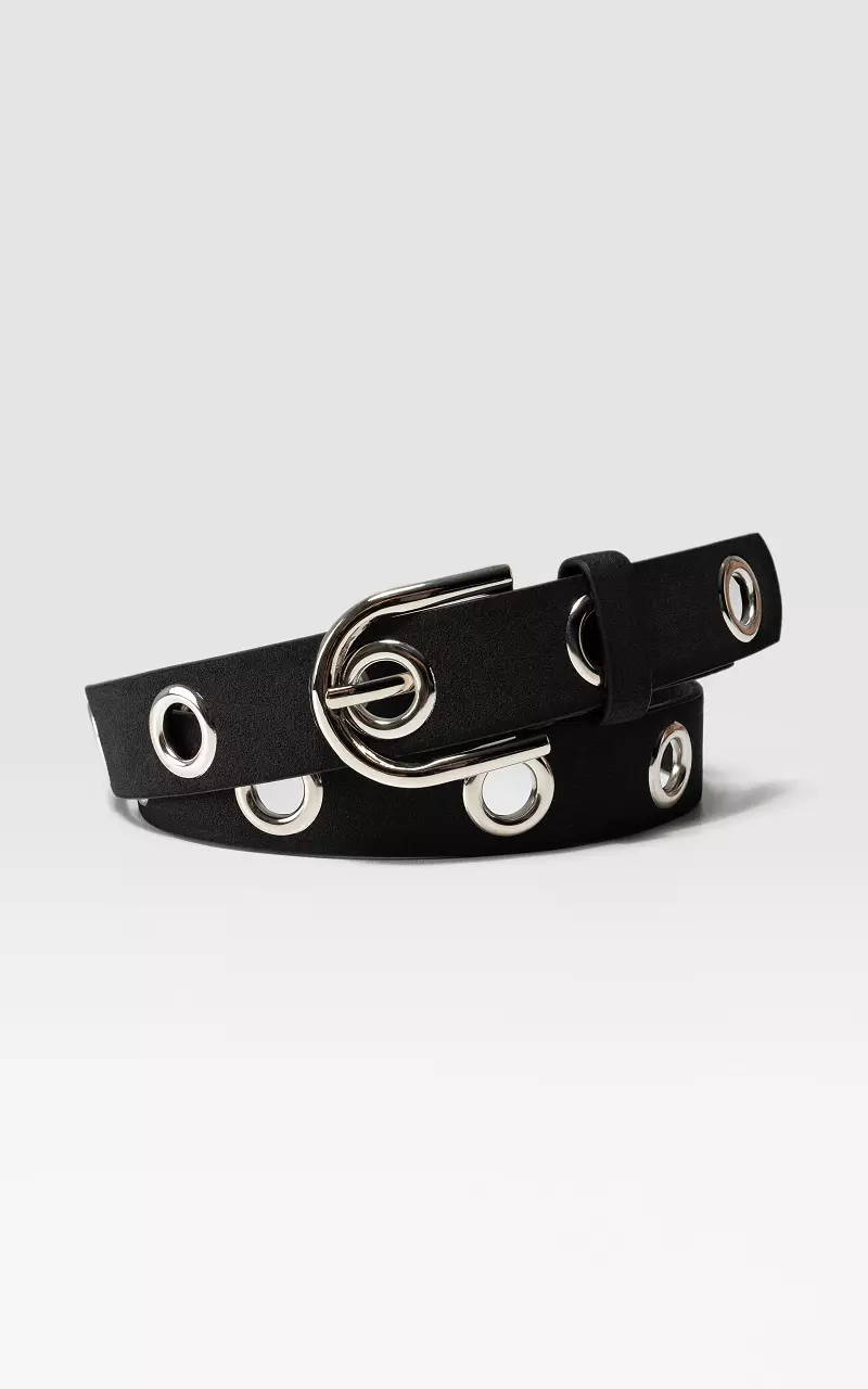 Leather belt with metal rings Black Silver