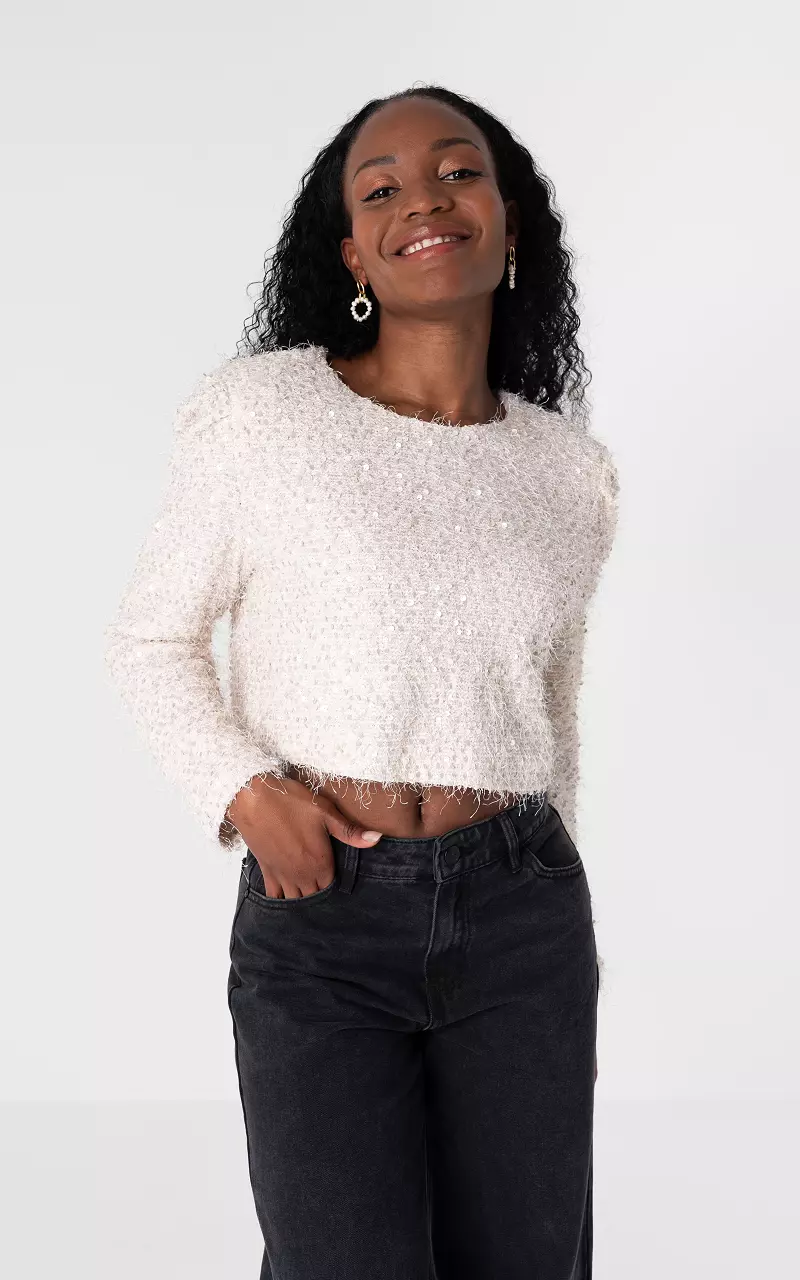 Short top with shoulder pads and sequins Cream